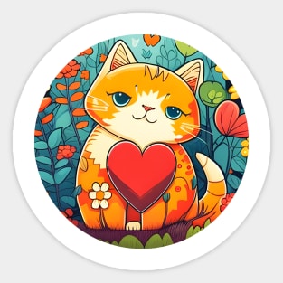 Cat Heart With Bright Eyed Orange Kitty In The Garden - Funny Cats Sticker